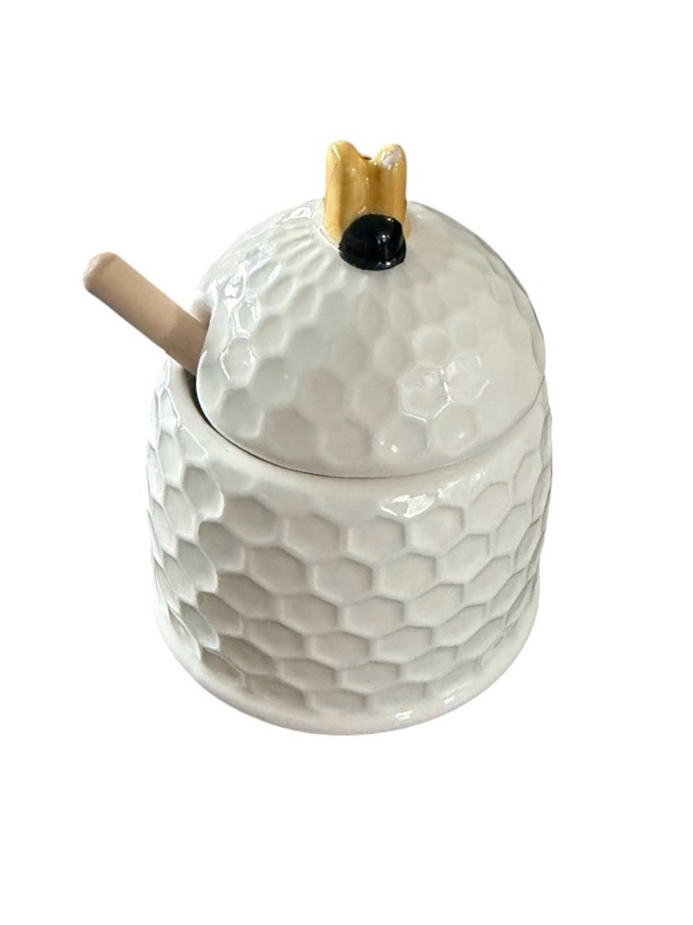 White Ceramic Honey Pot with Bee Accent and Wooden Dipper